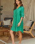 Linen Long Sleeve Roll Tab Button Down Mid-Length Dress