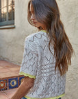 Lemon Tipped Cotton Crochet Short Sleeve Sweater