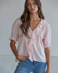 Woven Cotton Buttondown Ruffle V-Neck Short Sleeve Top