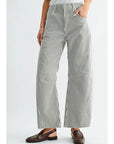 Olive Striped Raw Hem Barrel Jeans