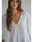 White Lace Front Button Woven Cotton V-Neck Quarter Sleeve Blouse