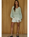 Light Mint Cotton Knit V-Neck Pullover Sweater
