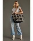 Black & Cream Diamond Pattern Cotton / Leather Tote