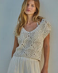 Knit Sweater Cotton Crochet V-Neck Cap Sleeve Top
