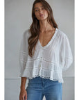 White Lace Front Button Woven Cotton V-Neck Quarter Sleeve Blouse