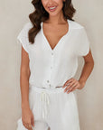Linen Sleeveless Button Down Top With Elastic Hem