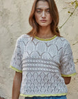 Lemon Tipped Cotton Crochet Short Sleeve Sweater