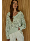 Light Mint Cotton Knit V-Neck Pullover Sweater