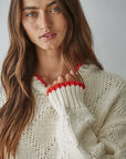 Pointelle Tipped Knit Cotton Crew Neck Sweater