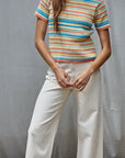 Striped Short Sleeve Cotton Knit Sweater Tee