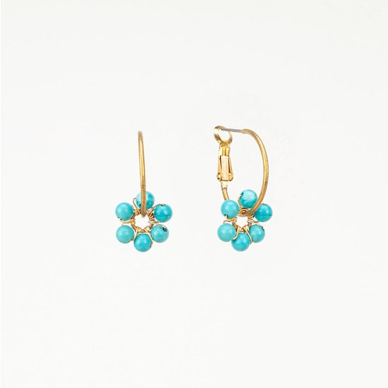 Turquoise Daisy Charm Hoop Earrings