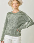 Pebble Washed Cotton Cable Crew Sweater: Sage
