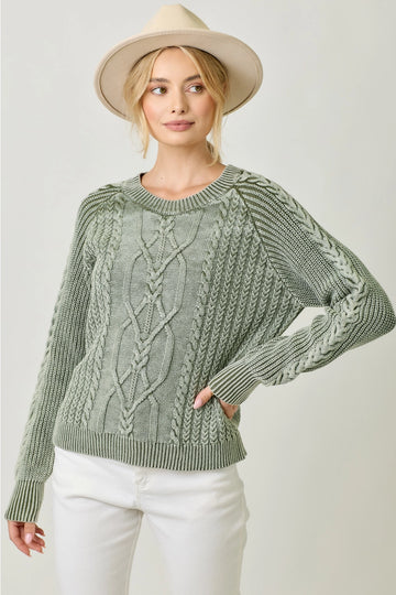 Pebble Washed Cotton Cable Crew Sweater: Sage