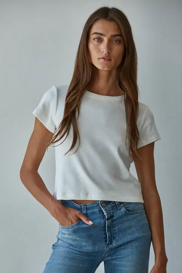 Crop Knit Cotton Round Neck Short Sleeve Tee