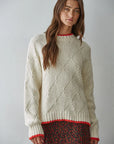 Pointelle Tipped Knit Cotton Crew Neck Sweater