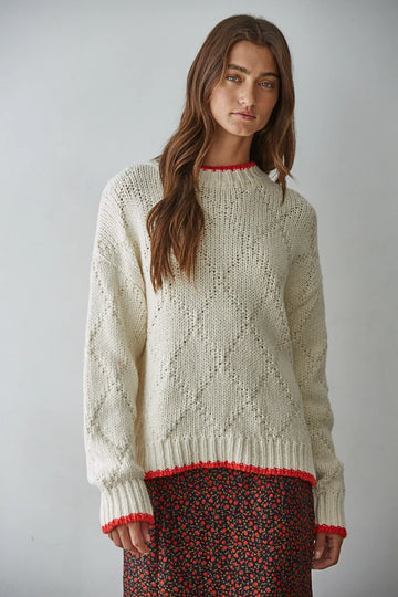 Pointelle Tipped Knit Cotton Crew Neck Sweater