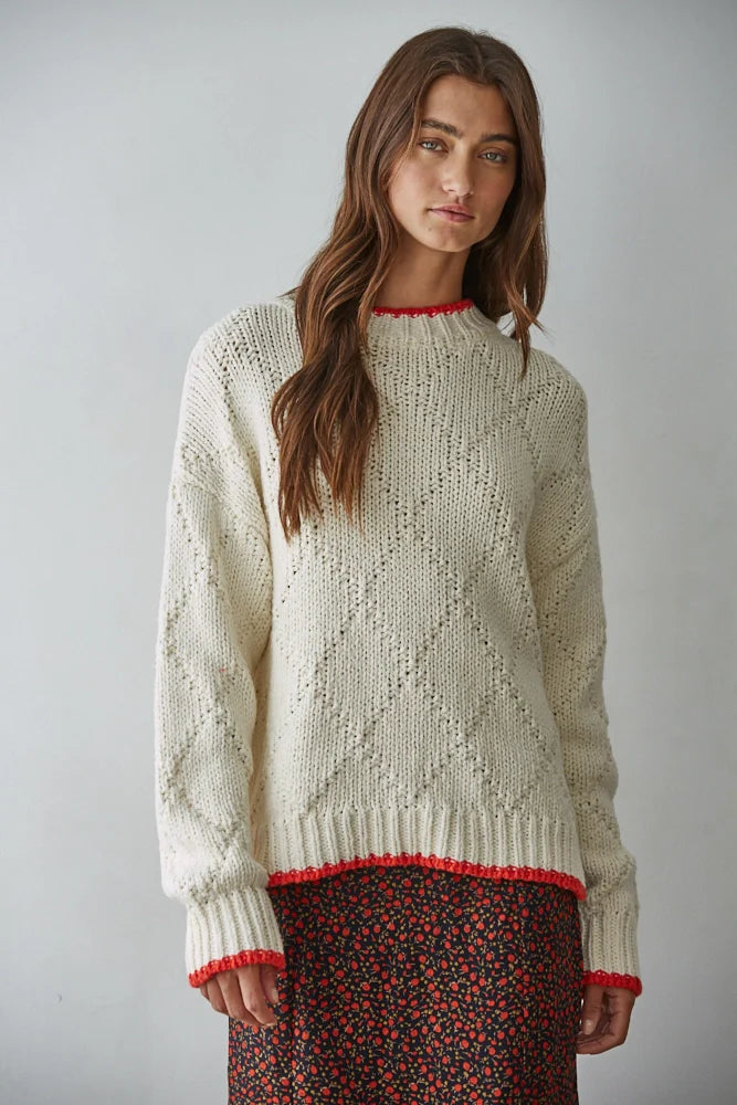 Pointelle Tipped Knit Cotton Crew Neck Sweater