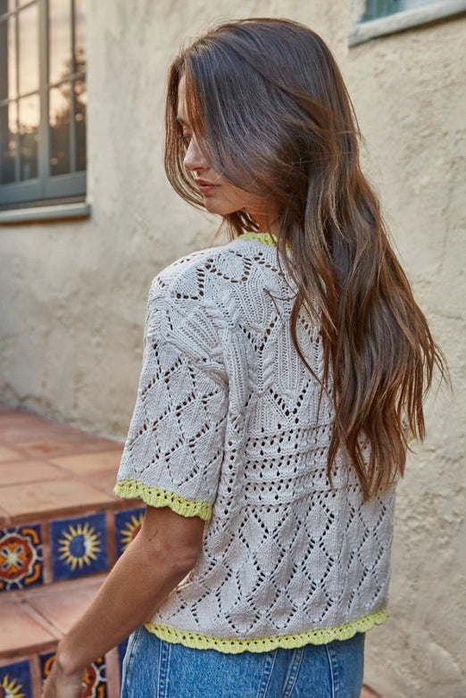 Lemon Tipped Cotton Crochet Short Sleeve Sweater