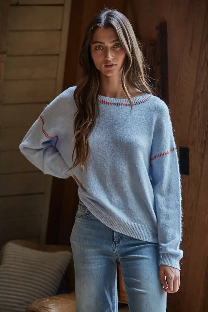 In the Blues Contrast Stitches Crew Neck Sweater