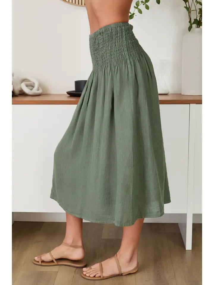 Linen Shirred Waist A-Line Skirt