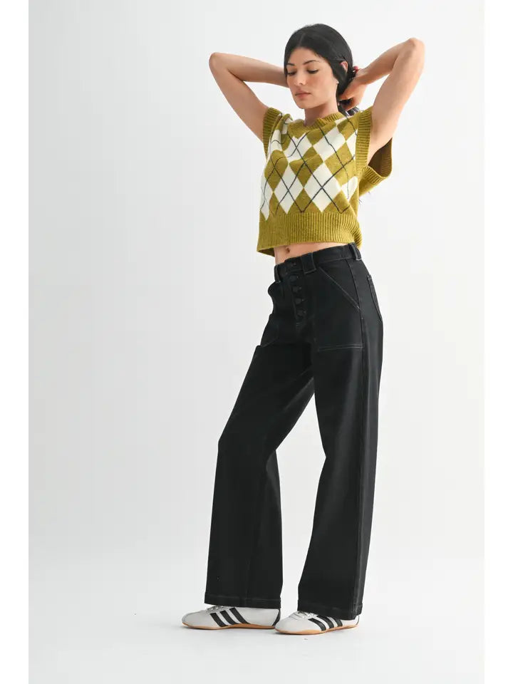 The Button Down Slim Wide Black Denim Jeans