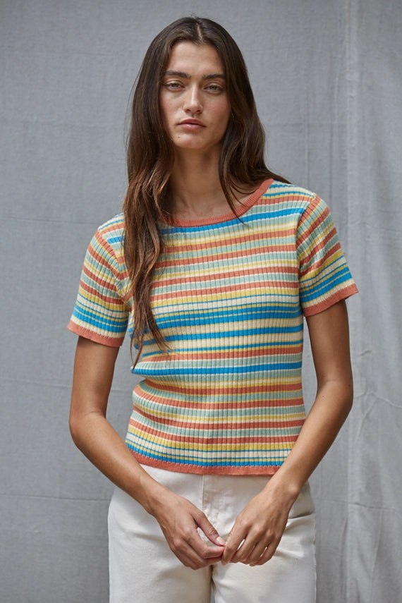 Striped Short Sleeve Cotton Knit Sweater Tee