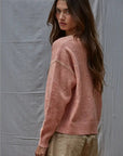Coral Contrast Stitches Crew Neck Sweater