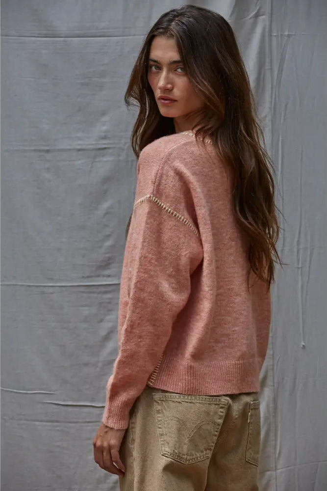 Coral Contrast Stitches Crew Neck Sweater