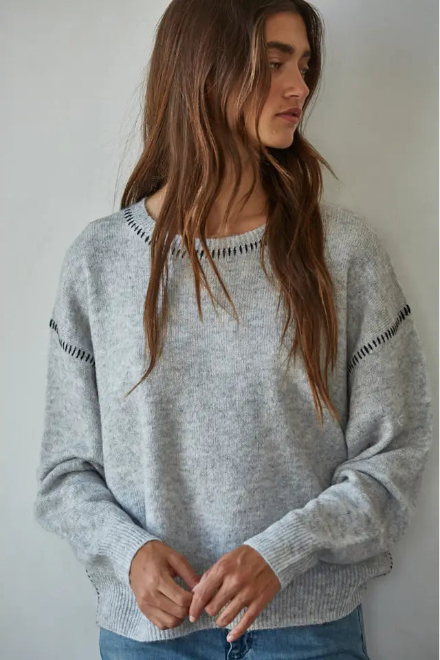 Grey Heather Contrast Stitches Crew Neck Sweater