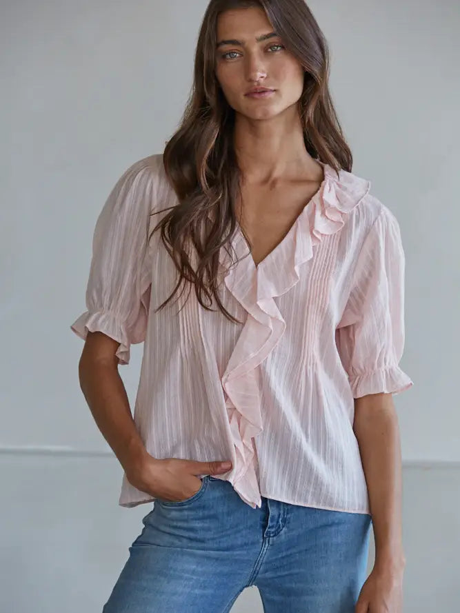 Woven Cotton Buttondown Ruffle V-Neck Short Sleeve Top