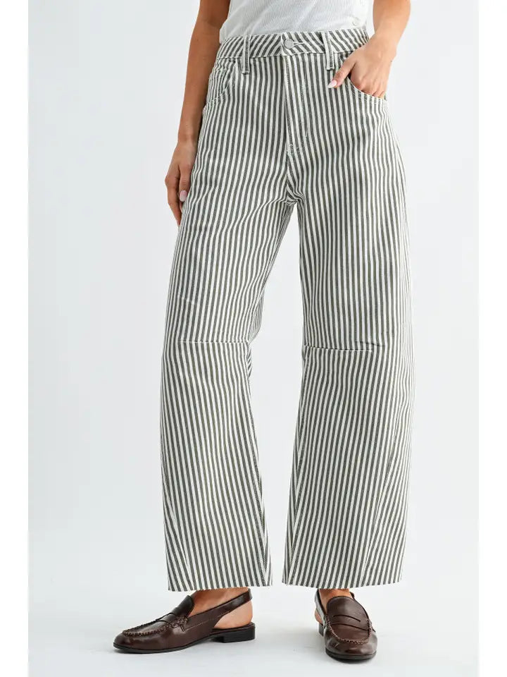 Olive Striped Raw Hem Barrel Jeans