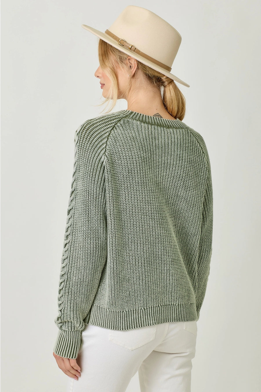 Pebble Washed Cotton Cable Crew Sweater: Sage