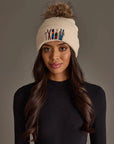 Beige Ski Embroidered Knit Pom Hat