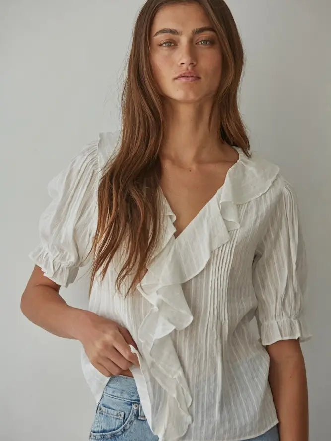 Woven Cotton Buttondown Ruffle V-Neck Short Sleeve Top