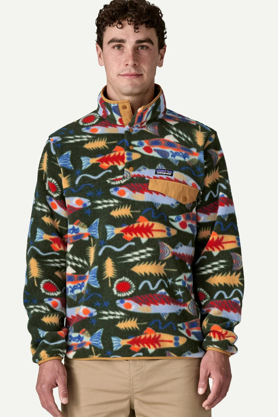 Patagonia M's Lightweight Synchilla Snap-T Fleece Pullover: Salmon Energy: Old Growth Green
