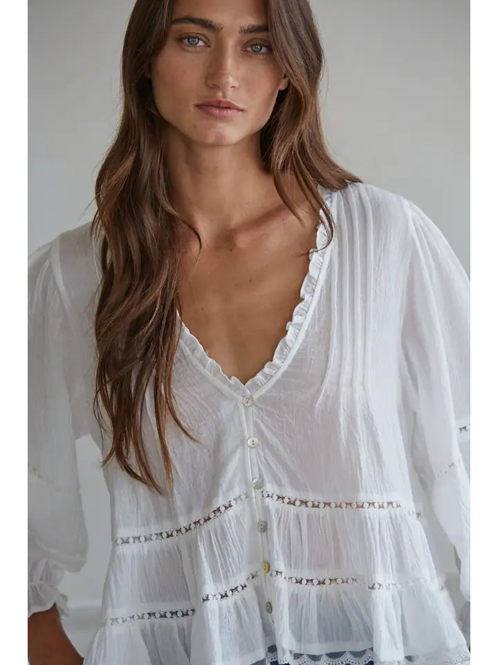 White Lace Front Button Woven Cotton V-Neck Quarter Sleeve Blouse