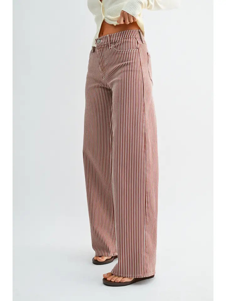 Spicey Brown Striped Relaxed Wide Leg Jeans