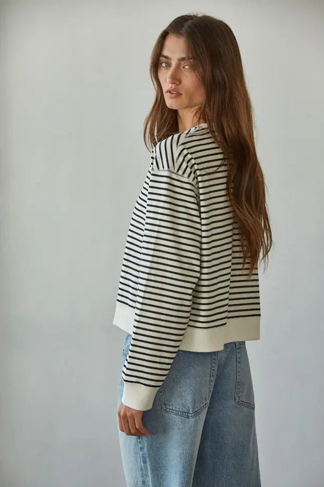 BT Off White & Black Cotton Striped Long Sleeve Crew