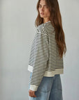 BT Off White & Black Cotton Striped Long Sleeve Crew