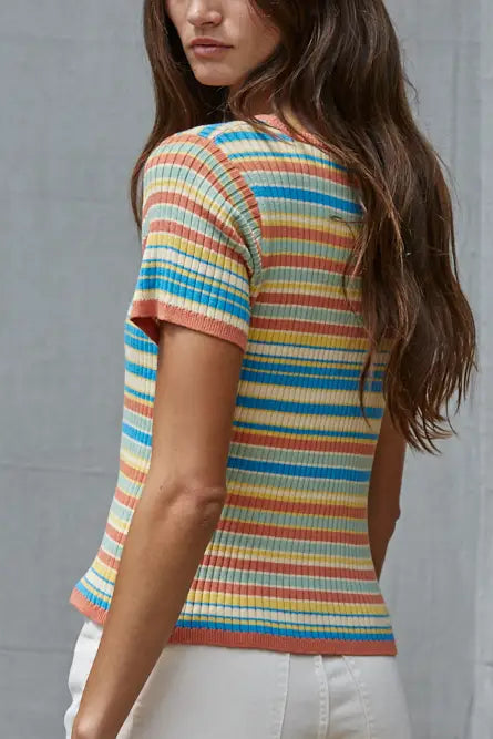 Striped Short Sleeve Cotton Knit Sweater Tee