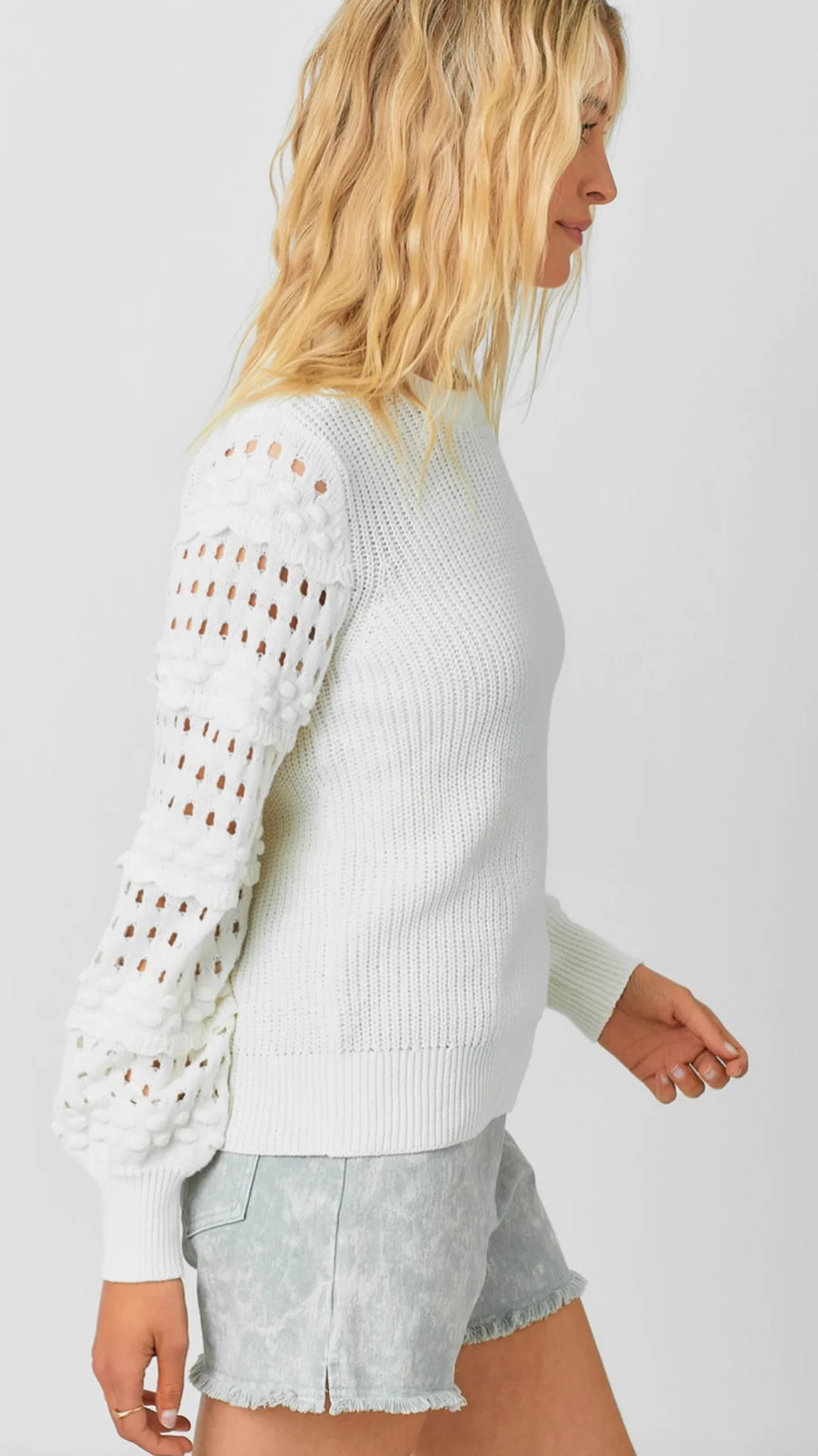 Textured Sleeve Cotton Sweater