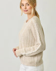 Pebble Washed Cotton Cable Crew Sweater: Almond