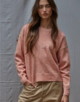 Coral Contrast Stitches Crew Neck Sweater