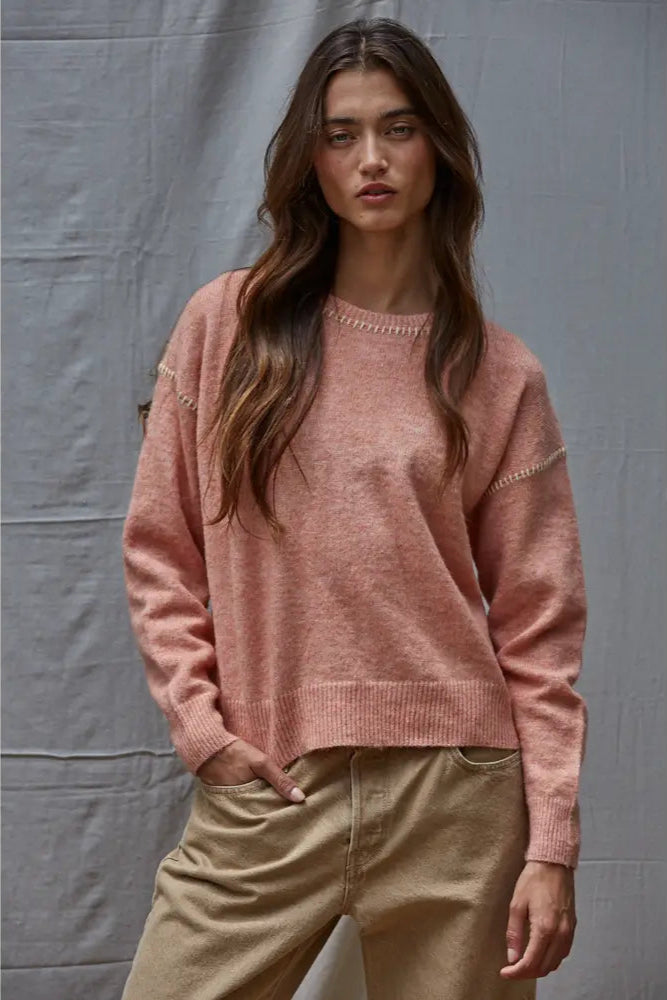 Coral Contrast Stitches Crew Neck Sweater