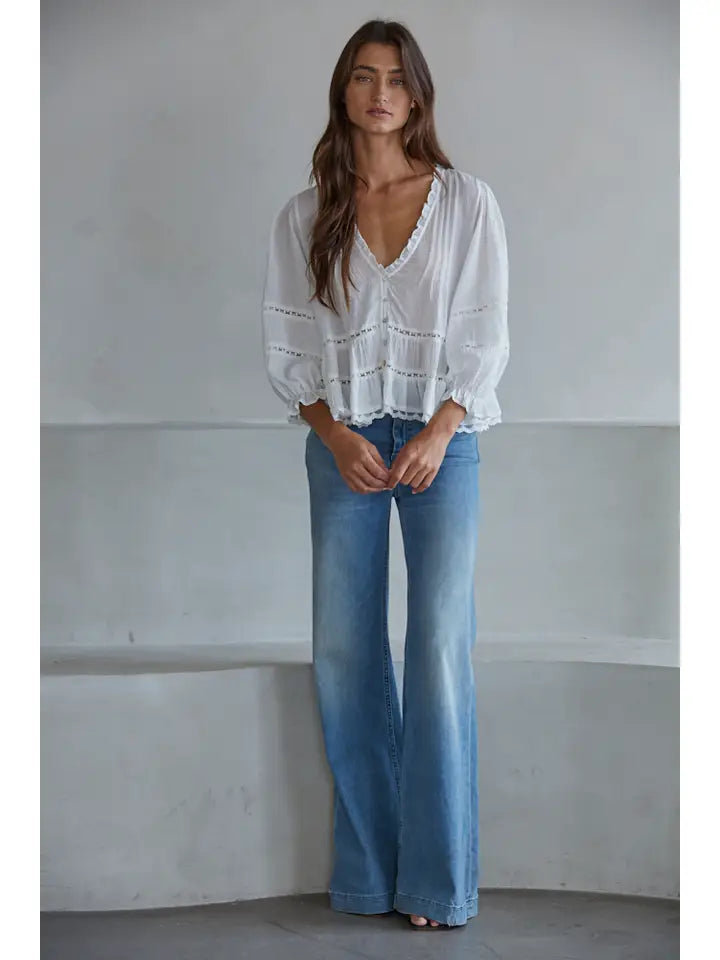 White Lace Front Button Woven Cotton V-Neck Quarter Sleeve Blouse