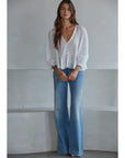White Lace Front Button Woven Cotton V-Neck Quarter Sleeve Blouse