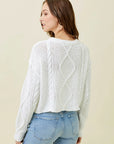 White Cotton Cropped Cable Crew Neck Sweater