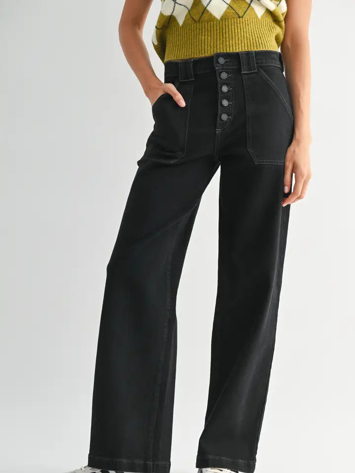 The Button Down Slim Wide Black Denim Jeans