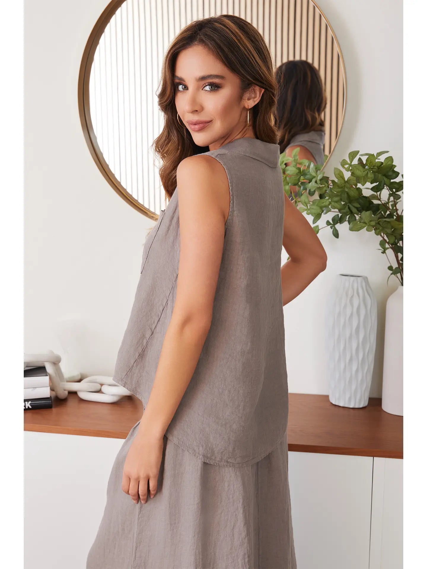 Linen Sleeveless Henley Popover