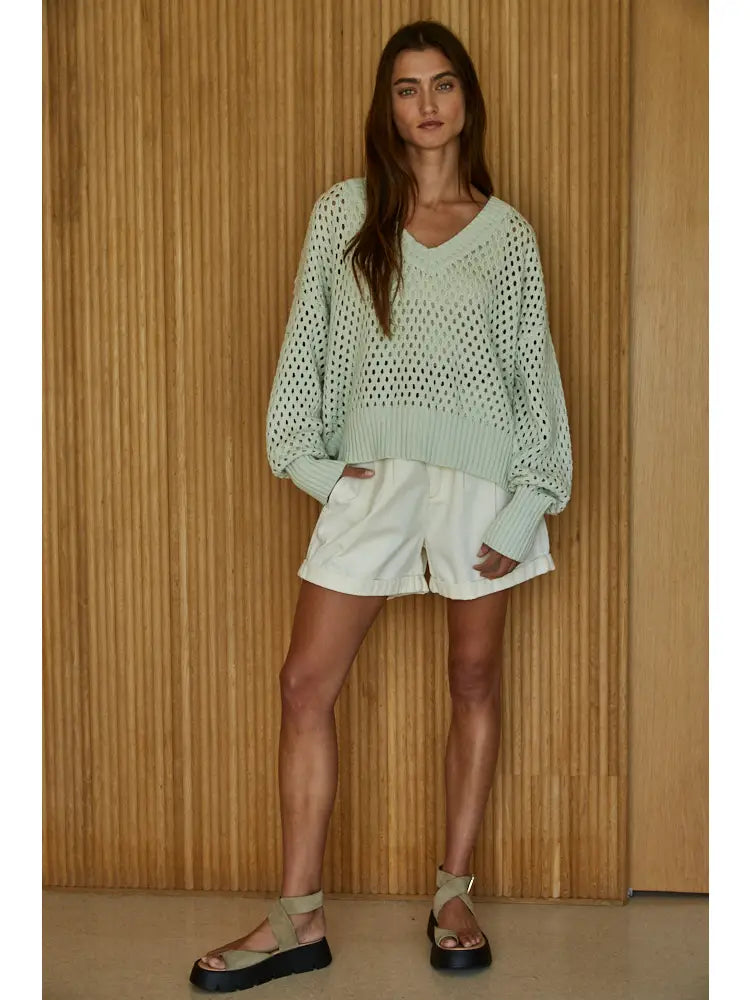 Light Mint Cotton Knit V-Neck Pullover Sweater